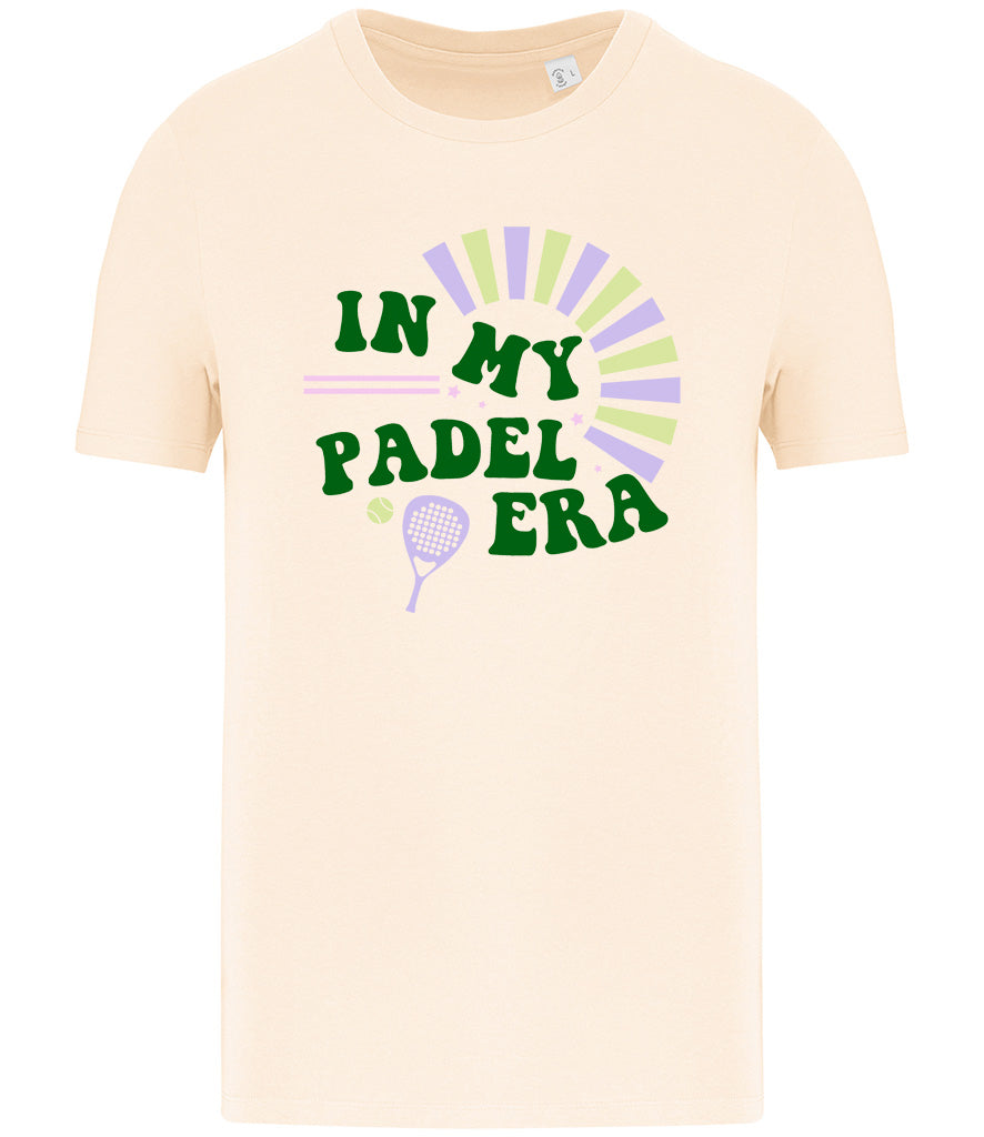 Cream Tee with 'In My Padel Era' text in Khaki Green & Purple padel tennis racket
