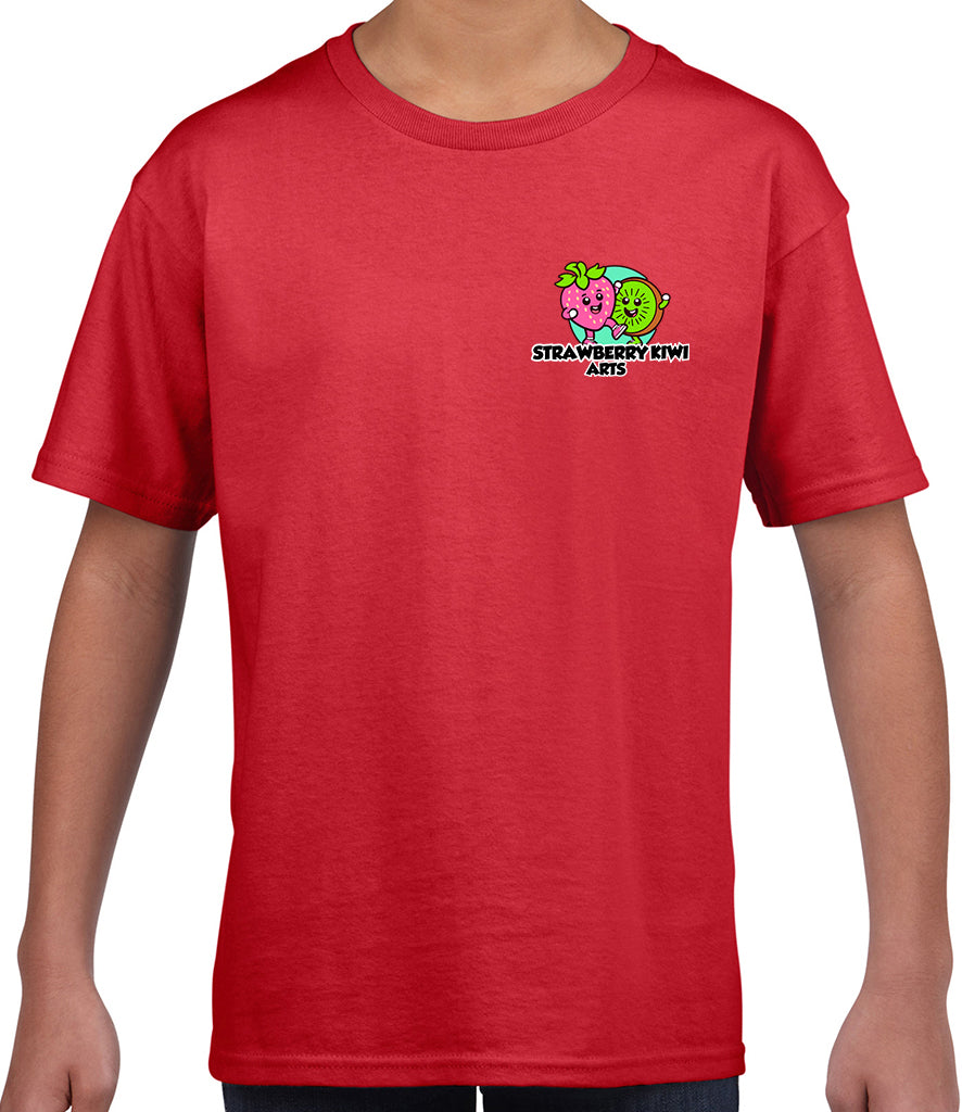 Red cotton tee with Strawberry Kiwi Arts Logo in top right