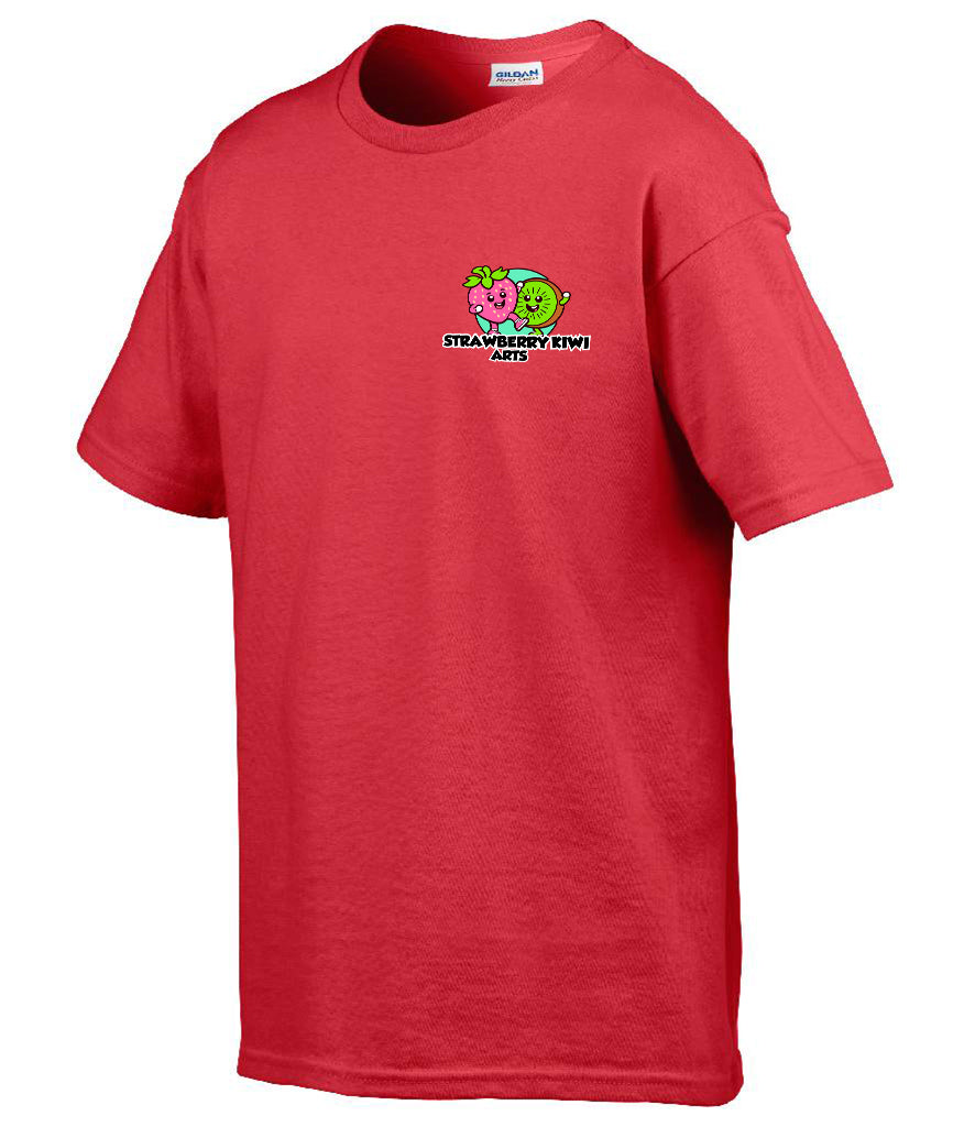 Red cotton tee with Strawberry Kiwi Arts Logo in top right