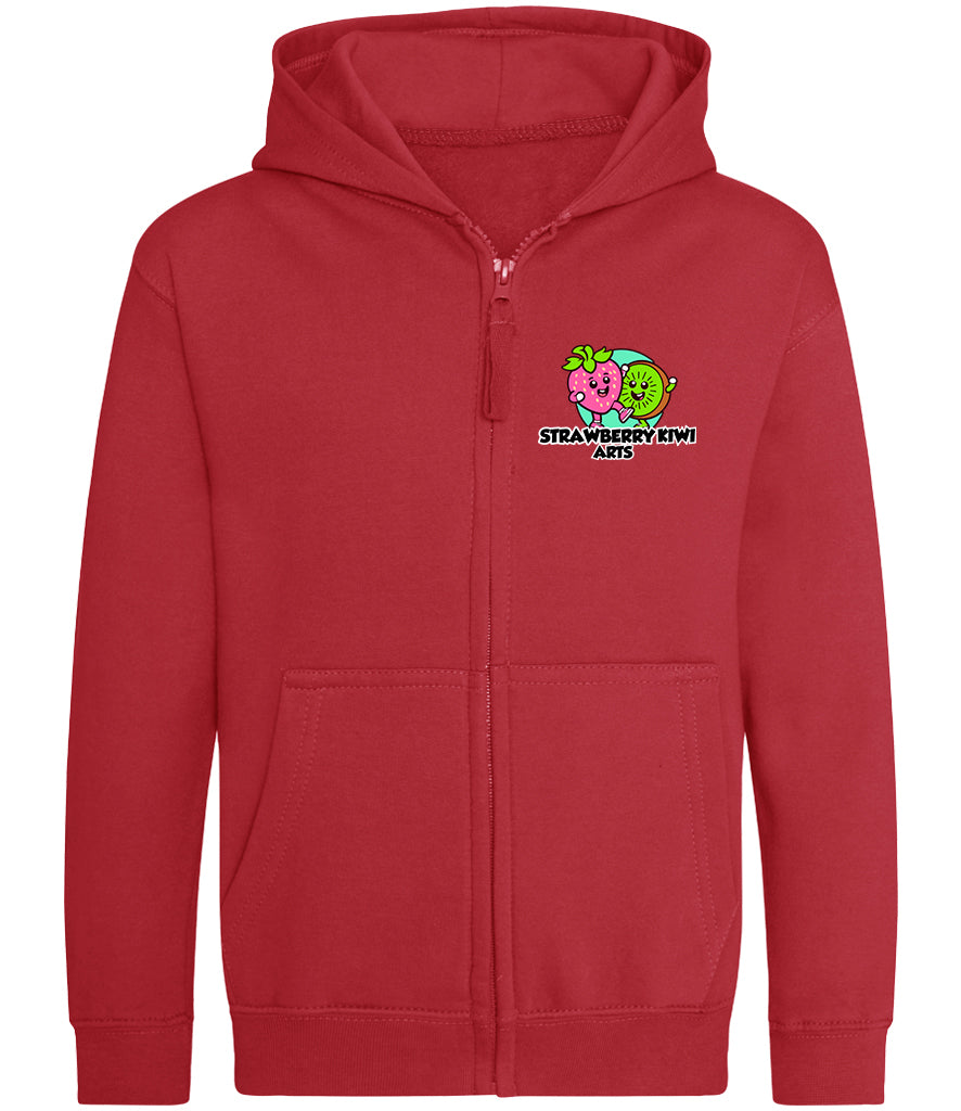 Red cotton zip hoodie with Strawberry Kiwi Arts Logo in top right