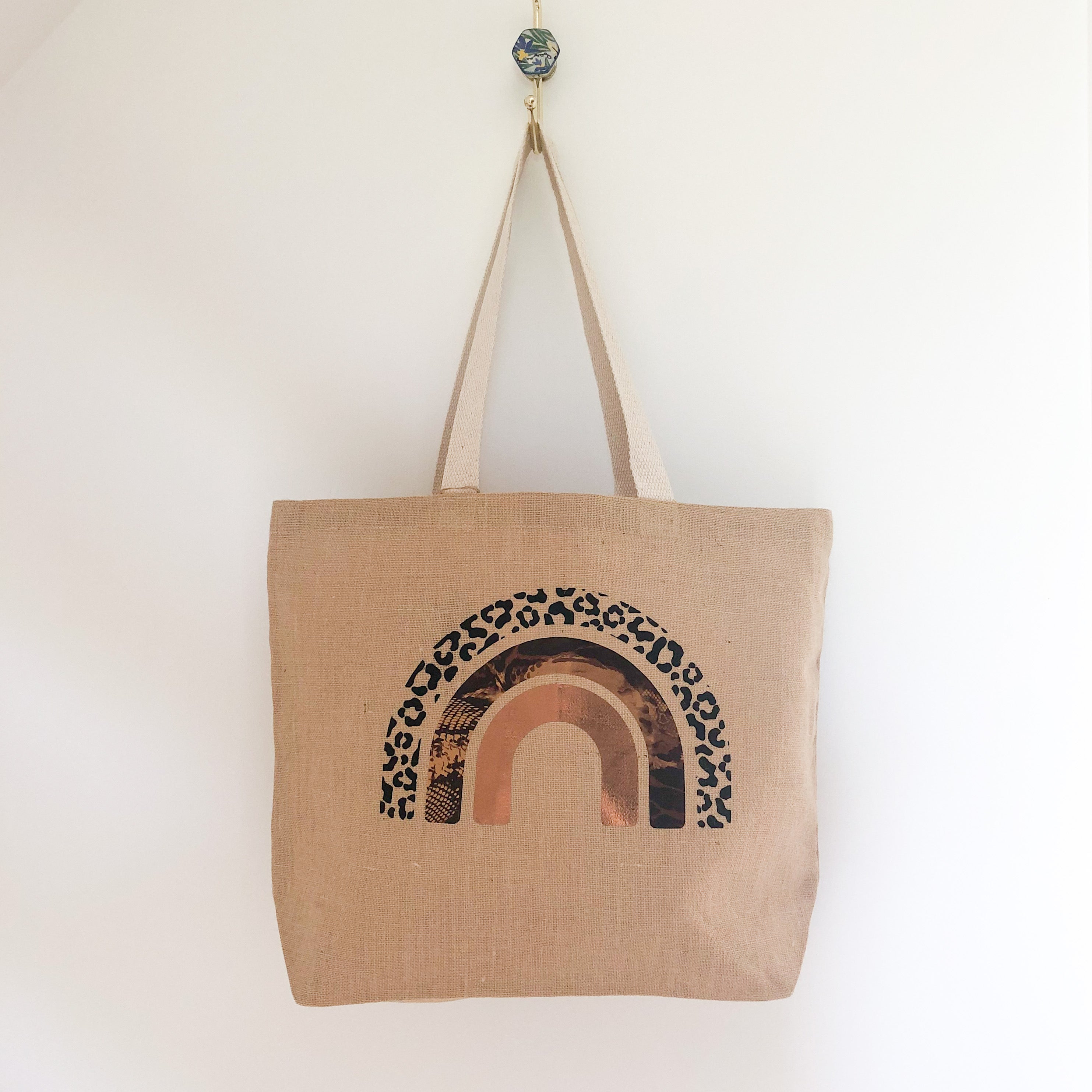 Leopard Print Rainbow Jute Shopper