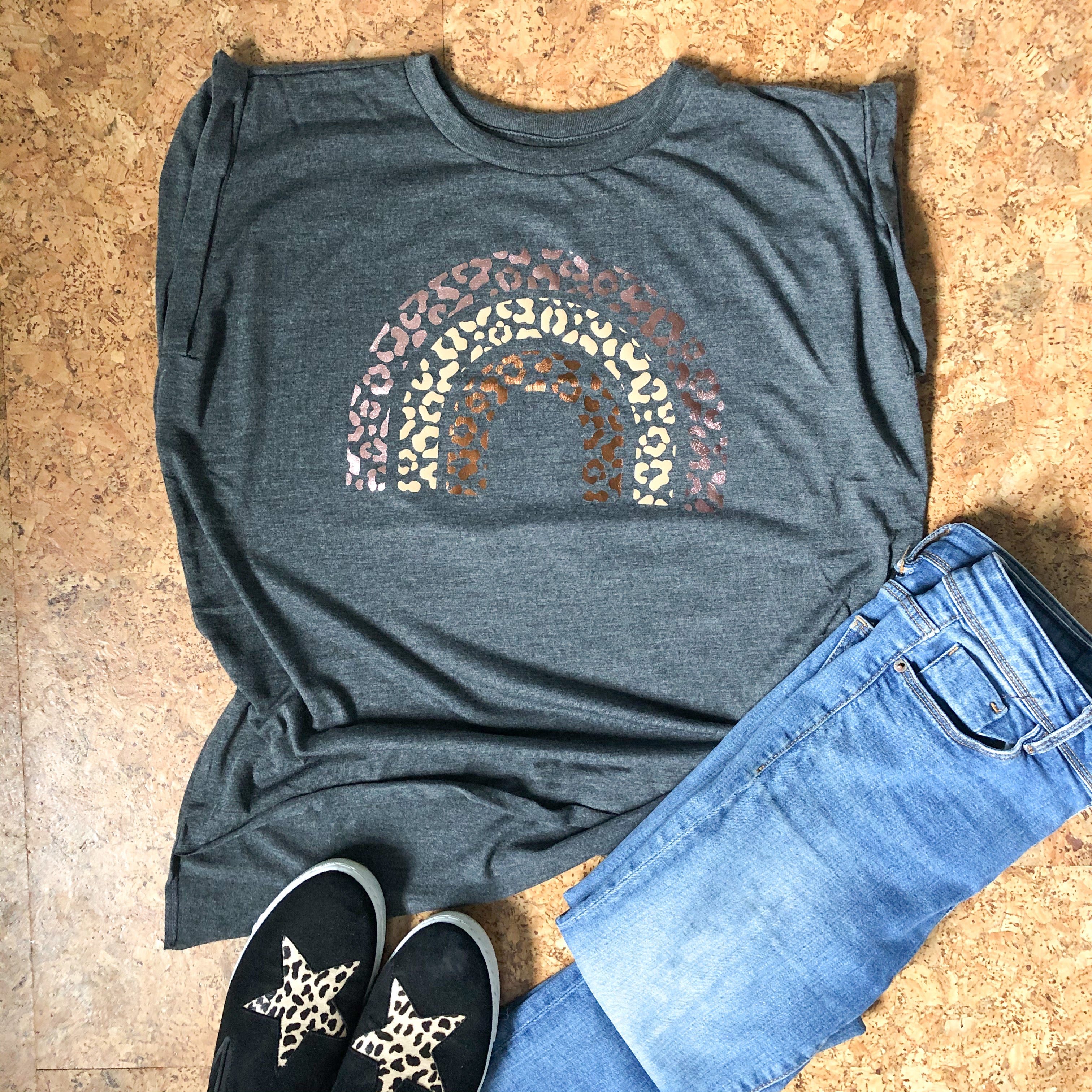 Charcoal Leopard Rainbow Ladies Muscle T-Shirt