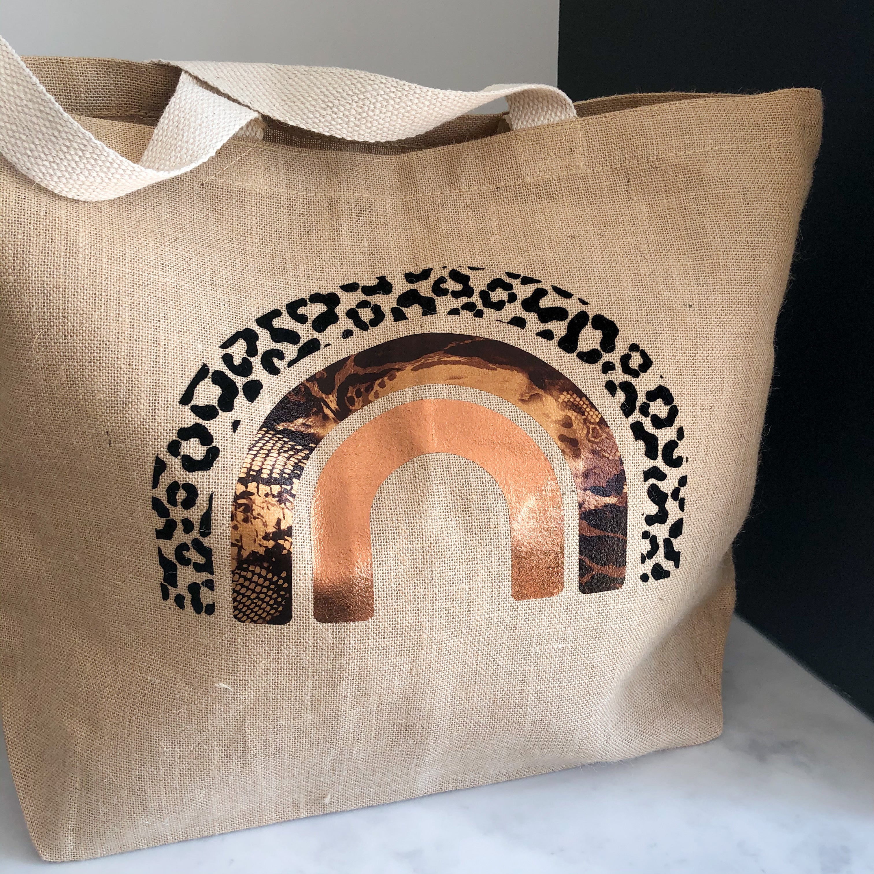 Leopard Print Rainbow Jute Shopper